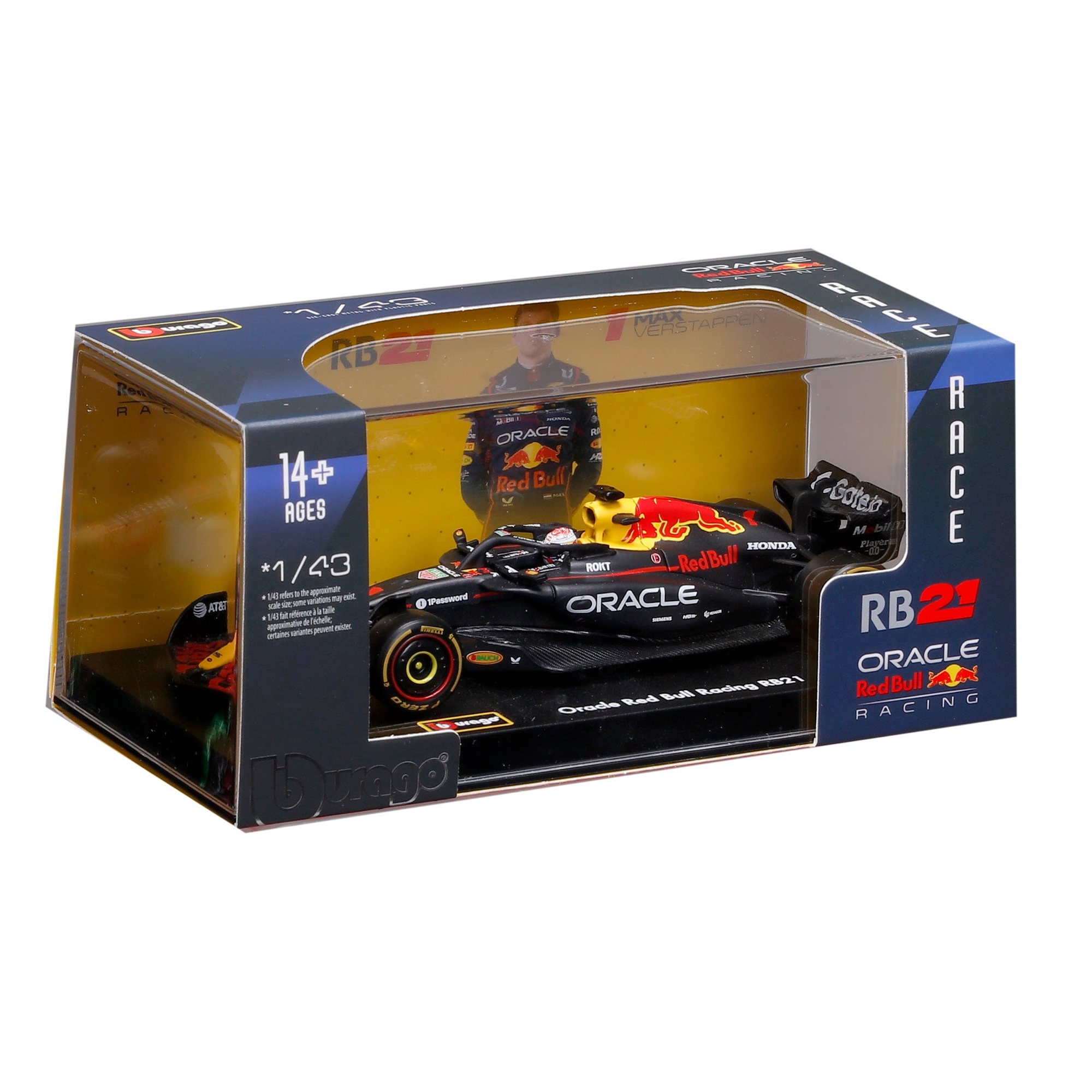 Mașina Red Bull RB21 Verstappen No.1 cu cască și display, 1:43